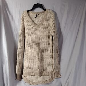 Poof! Women's Beige Long Knit V-Neck Sweater